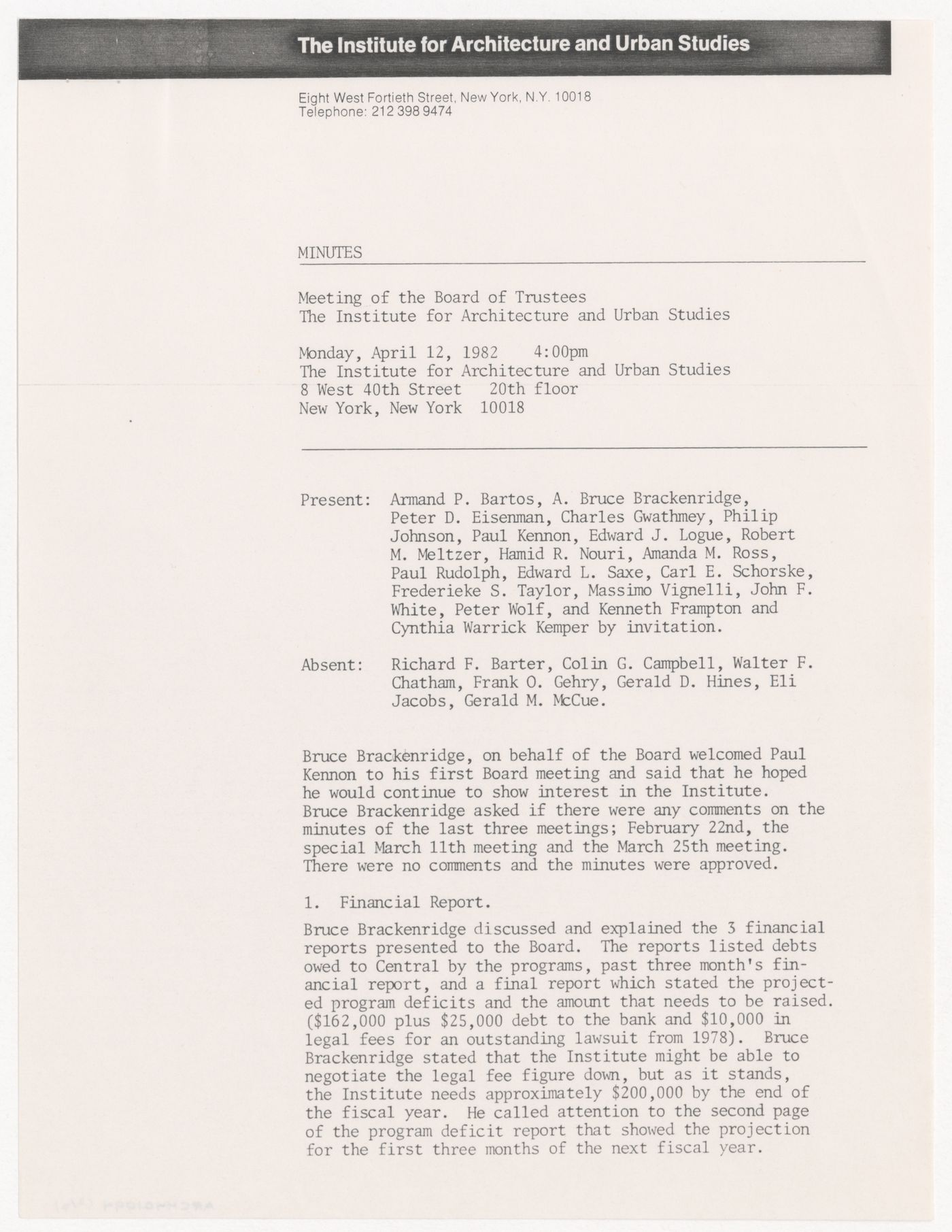 Memorandum from Hamid R. Nouri to the Board of Trustees with attached minutes for the meeting of the Board of Trustees of April 12th, 1982