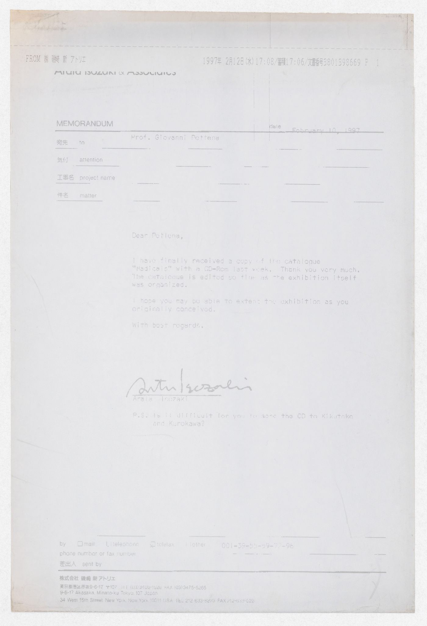 Correspondence from Arata Isozaki regarding Radicals. Architecttura e Design 1960-1975 exhibition materials