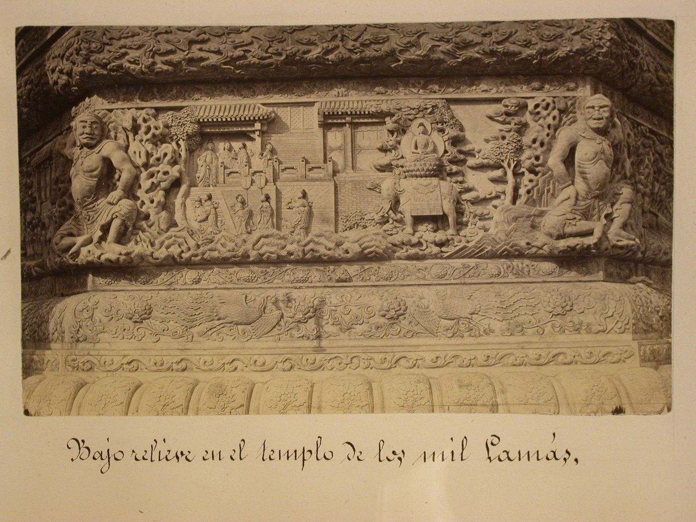 Close-up view of the bas-relief on the Qingjing Huacheng Ta [chorten], Xihuang Monastery, Peking (now Beijing), China