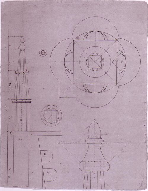 Plans, elevations and sections for decorative details and drops for a confessional [?] for Notre-Dame de Montréal
