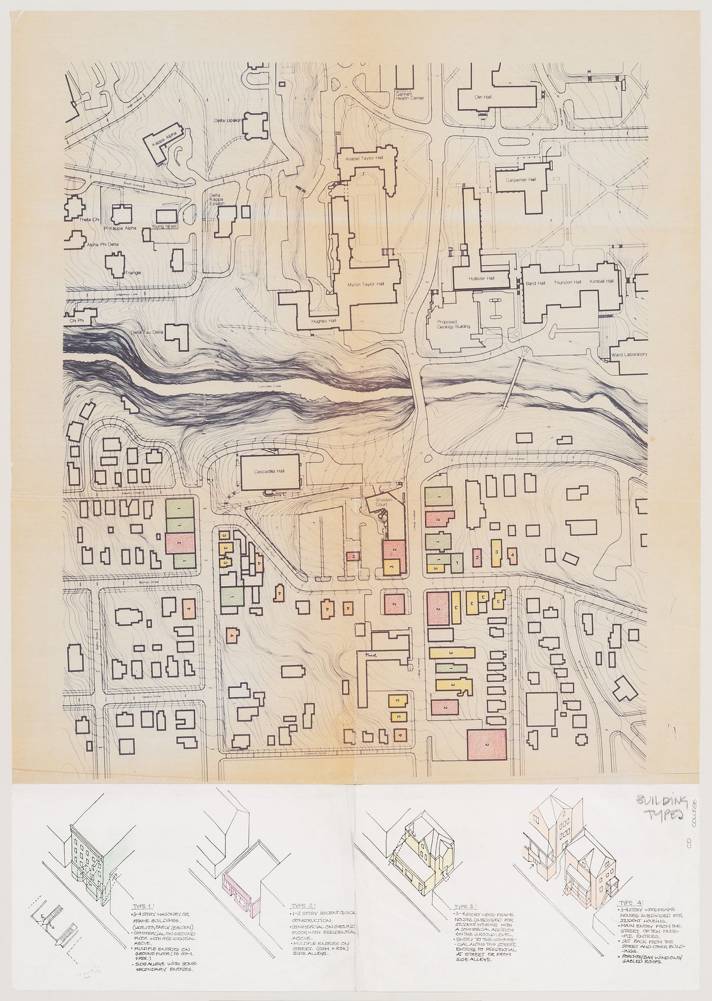 Center for Theatre Arts, Cornell University, Ithaca, New York: topographic survey of study area and axonometrics of building types for the Collegetown urban design study
