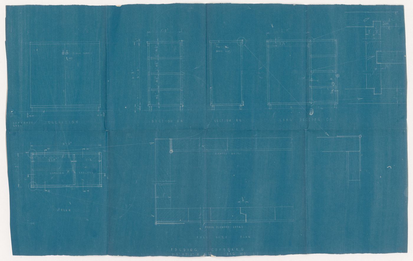 Plans, sections, and elevation for a folding cupboard