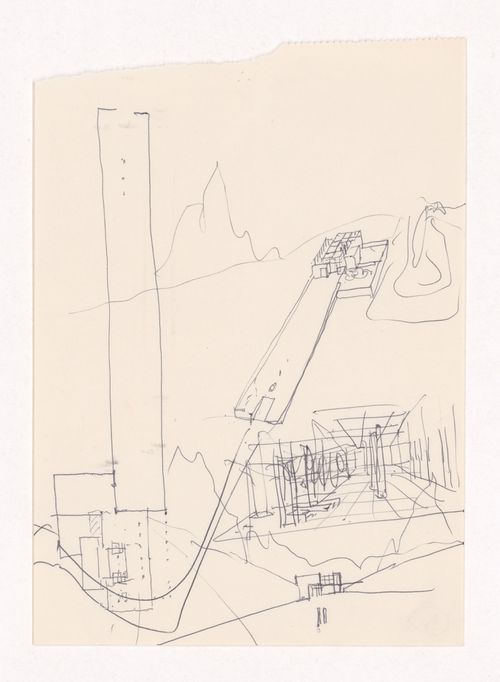 Sketch axonometric view, floor plan, and perspective for Restaurante Pico do Areeiro, Madeira, Portugal