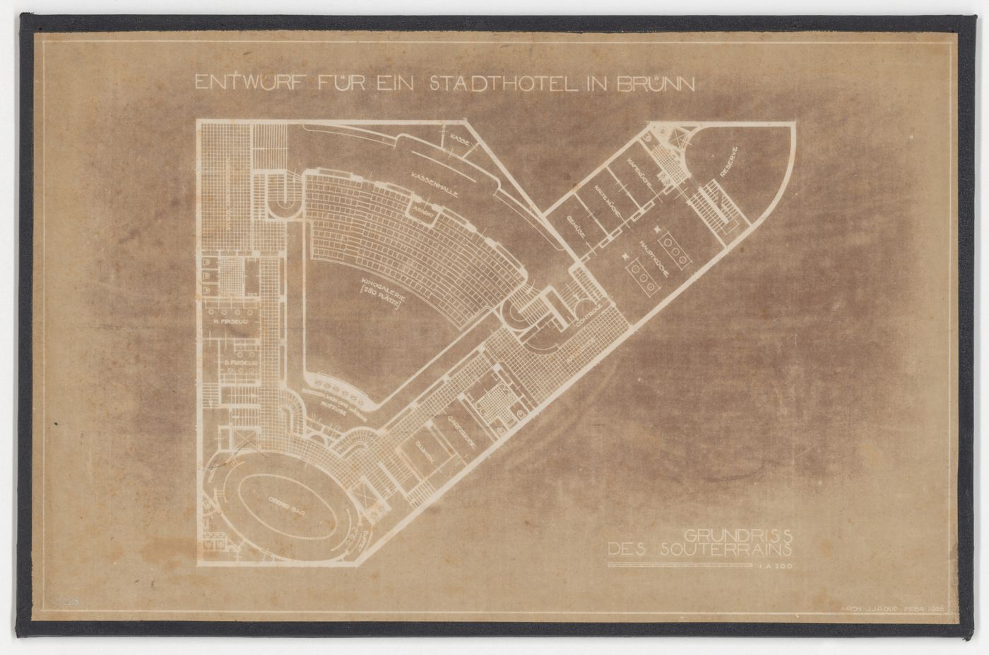 Lower basement plan for Hotel Stiassni, Brno, Czechoslovakia (now Czech Republic)