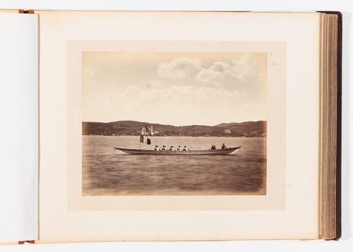 View of a boat on the Bosporus with ships, hills and a yali in the background, Constantinople (now Istanbul), Ottoman Empire (now in Turkey)