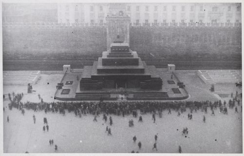 View of the stone Lenin Mausoleum from an elevated viewpoint, Red Square, Moscow