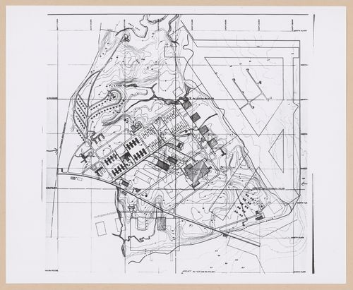 Photograph of a topographic map showing arrangements for buildings, United States Naval Air Base, Quonset Point, Rhode Island