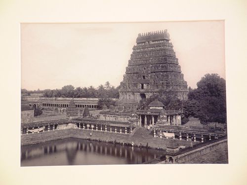 View of a gopura with the Shivaganga water tank in the foreground and a colonnade in the background, Nataraja Temple (also known as Chidambaram Golden Temple), Chidambaram, India