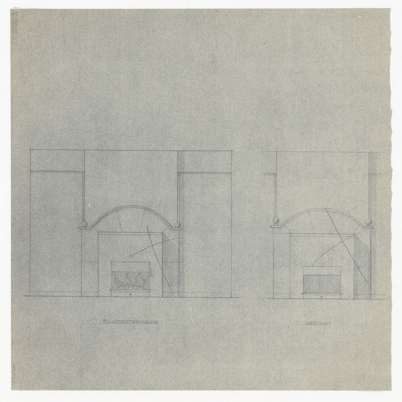 Elevation and molding details for a model for a city hall for the reconstruction of the Hofplein (city centre), Rotterdam, Netherlands; verso: Elevations for a fireplace for Olveh mixed-use development, Rotterdam, Netherlands