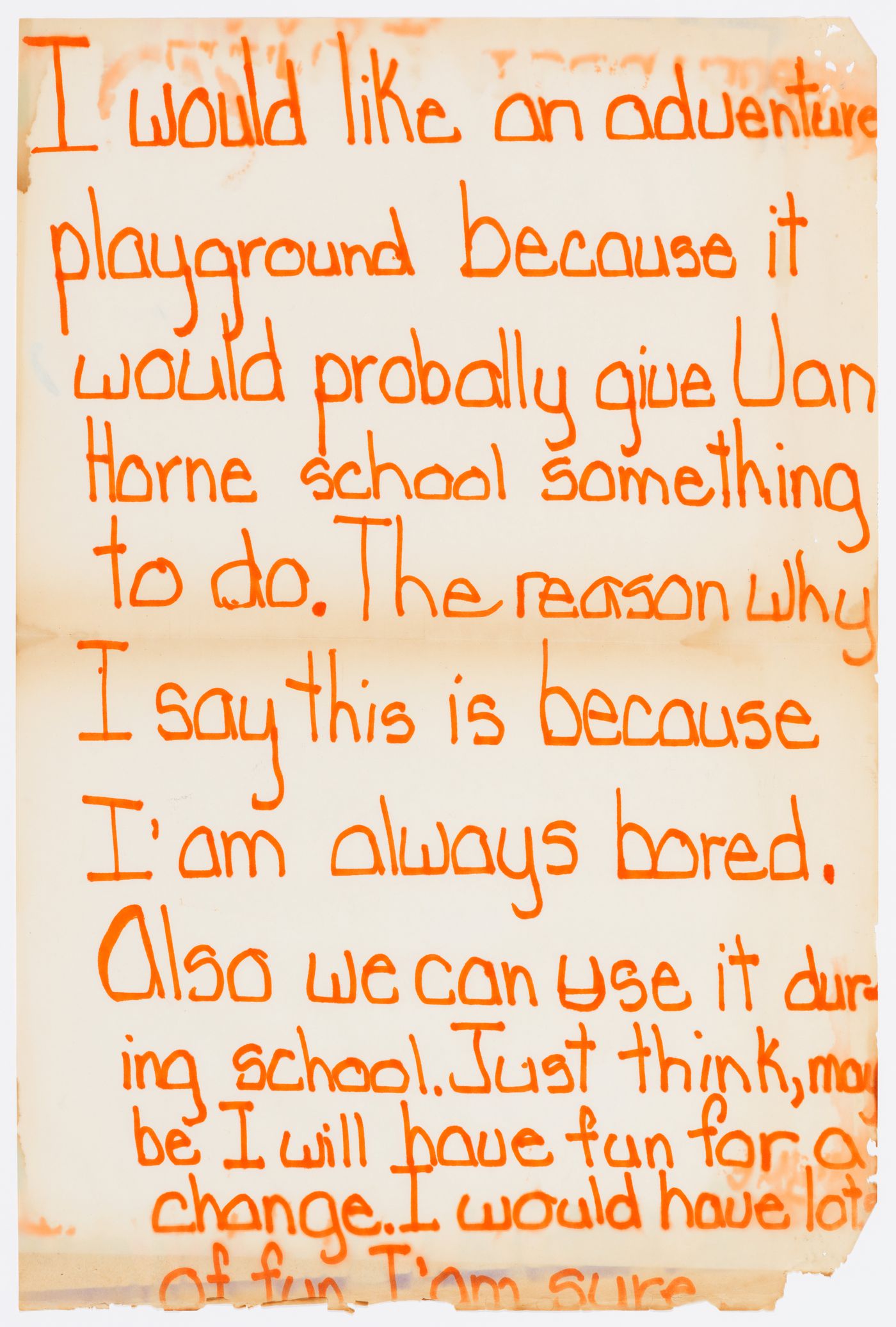 Letter of a child to Cornelia Hahn Oberlander about his or her wishes for a school playground installation
