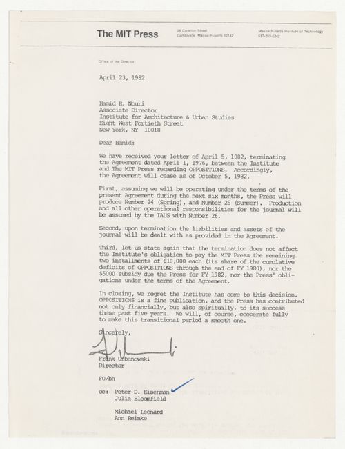 Letter from Frank Urbanowski to Hamid R. Nouri about cancellation of publishing agreement with MIT Press