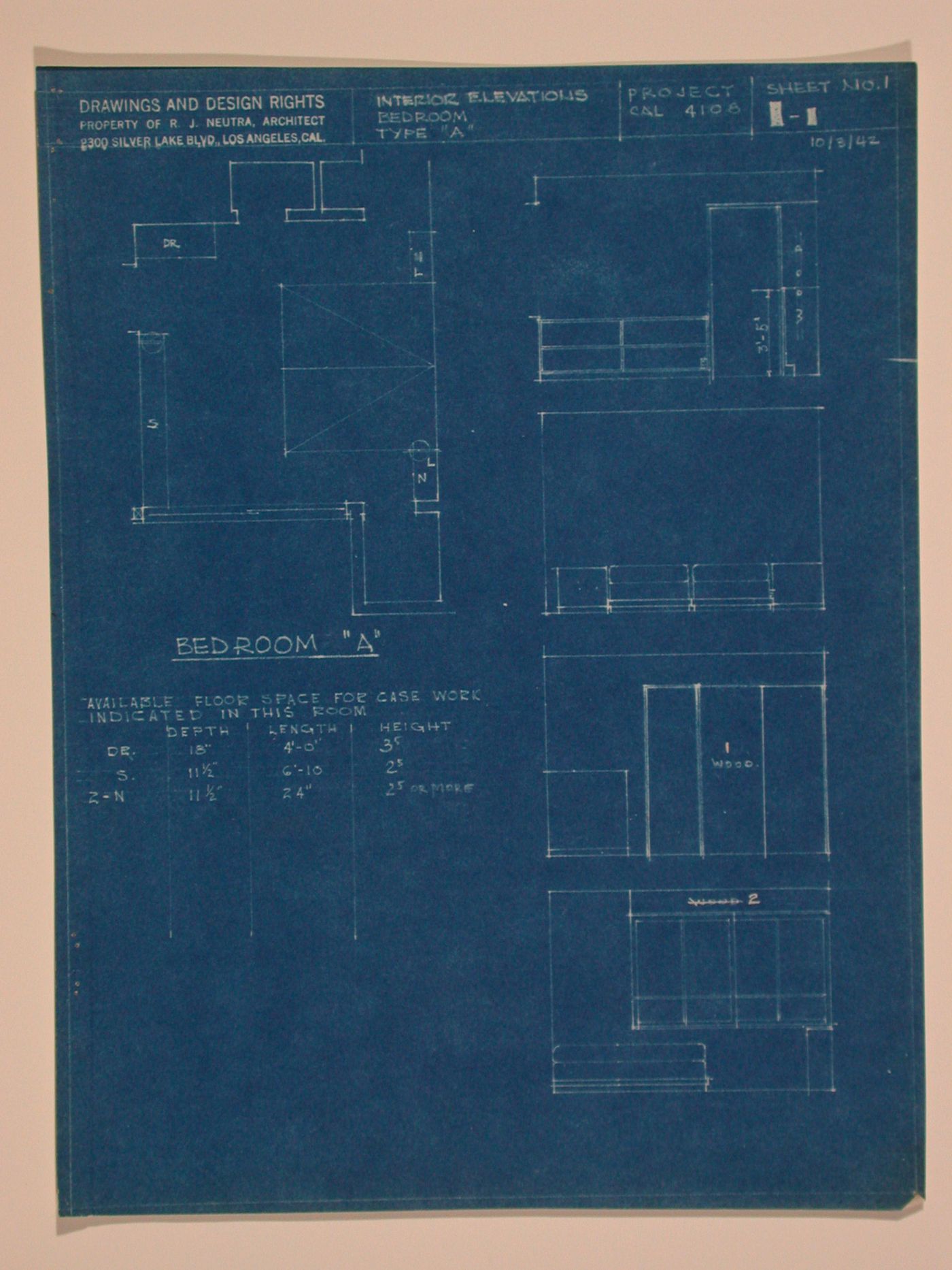 Interior elevations and plan for bedroom type "A"