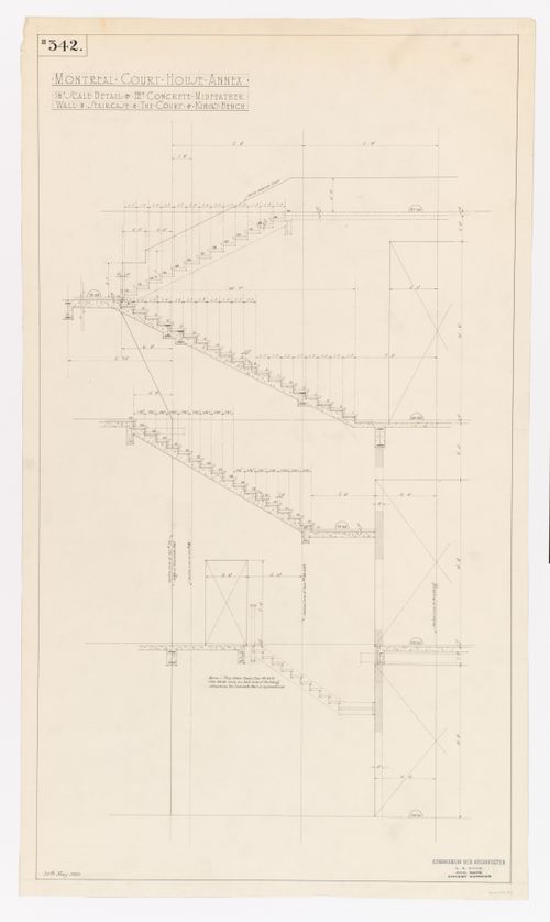 Détails du béton armé des escaliers et des murs de la Cour du banc du roi, Annexe au Palais de Justice de Montréal, Montréal, Canada