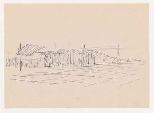 Interior perspective sketch for Museum for a Small City showing the auditorium with suspended ceiling