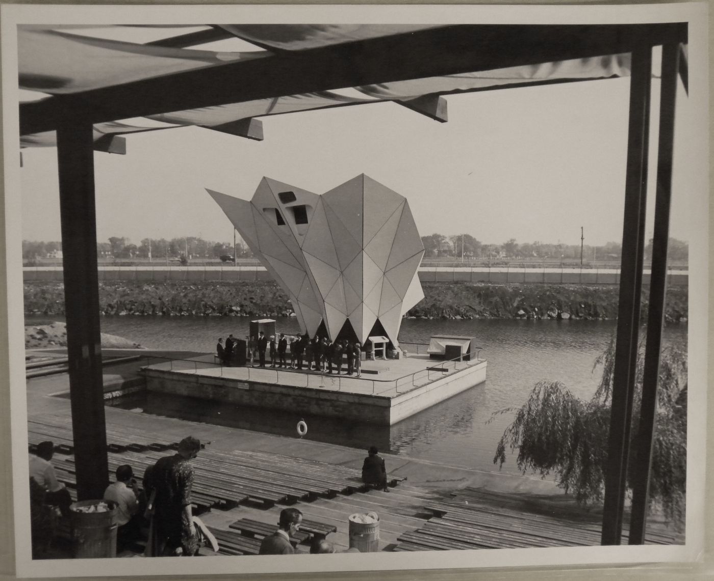 View of the Expo-Services B bandshell with Saint-Lambert as background, Expo 67, Montréal, Québec