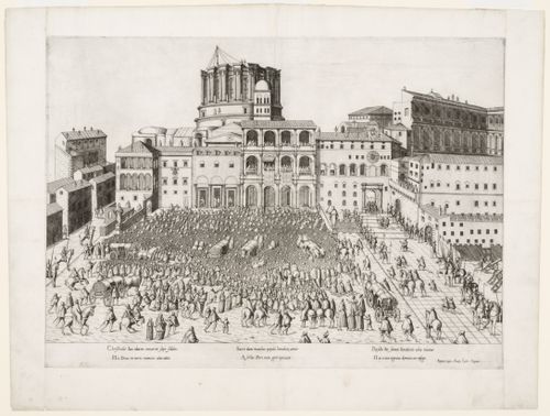Perspective of a papal benediction in the piazza of Basilica di San Pietro, Rome
