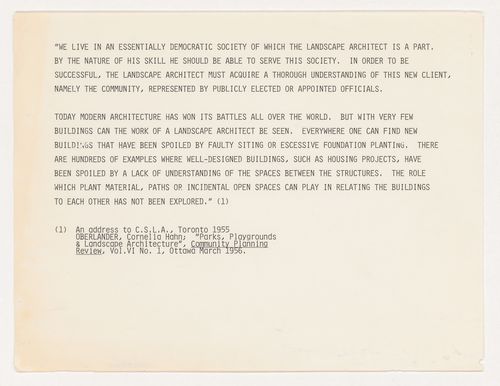Typescript of an address by Cornelia Hahn Oberlander at the Canadian Society of Landscape Architects, Toronto