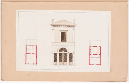 Front elevation and ground and first floor plans for a small two-storey town house; verso: Sketch elevation, site plan, and plans for a house and garden on rue Saint-Romain, Paris