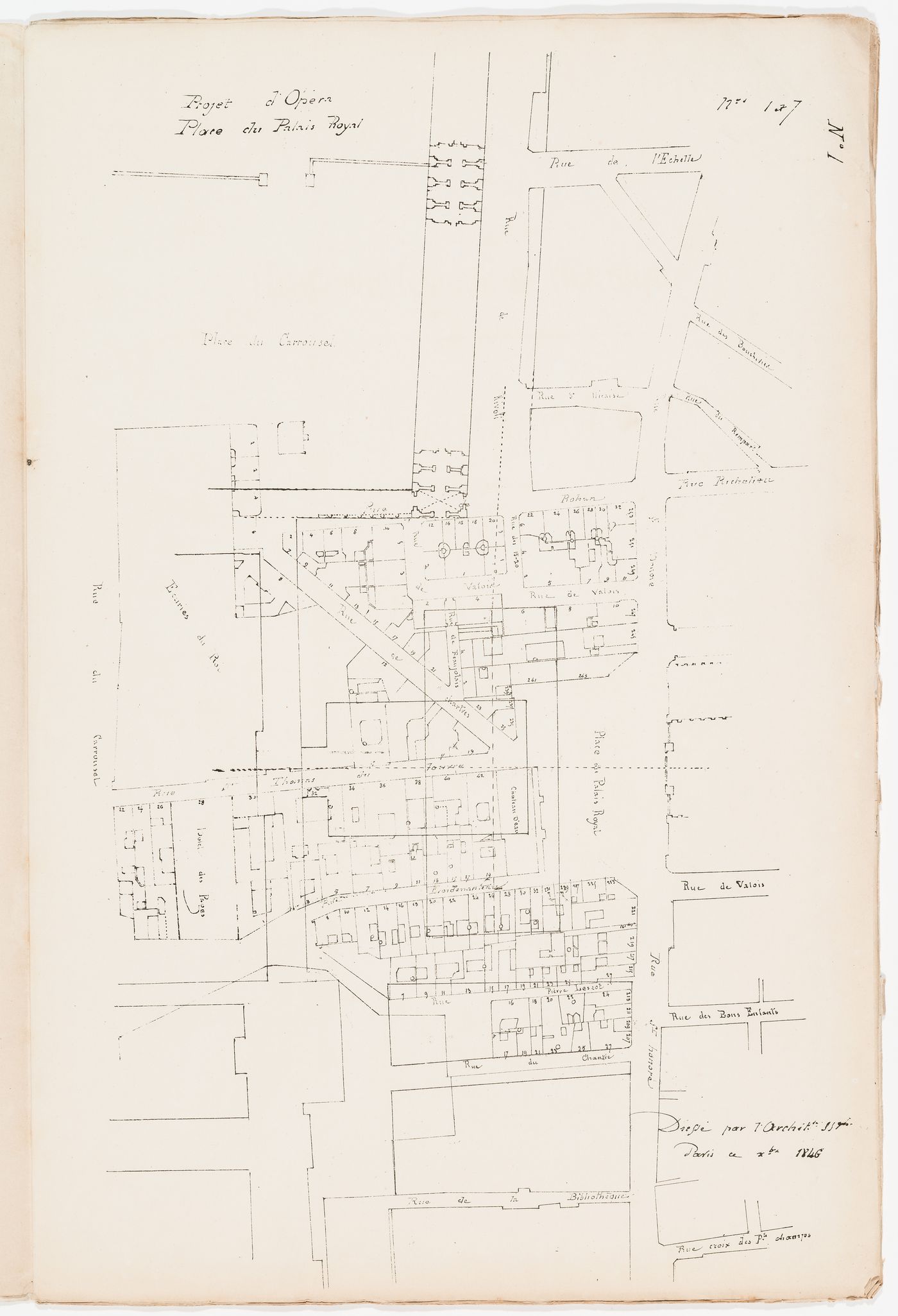 Project no. 1: Site plan for an opera house for the Académie royale de musique, place du Palais Royal and rue de Rivoli; verso: Project no. 8: Site plan for an opera house for the Académie royale de musique, rue Grange-Batelière