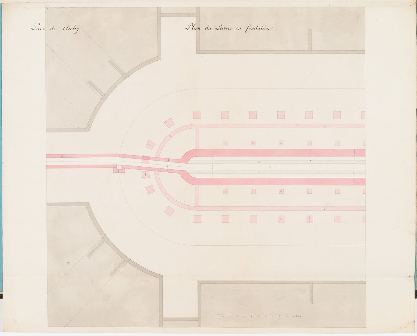 Half foundation plan for a washhouse, Parc de Clichy