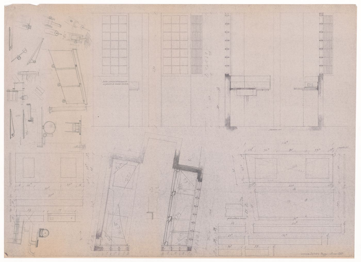Elevation, sections, and sketches for Casa Dragone e Paggi, Milan, Italy