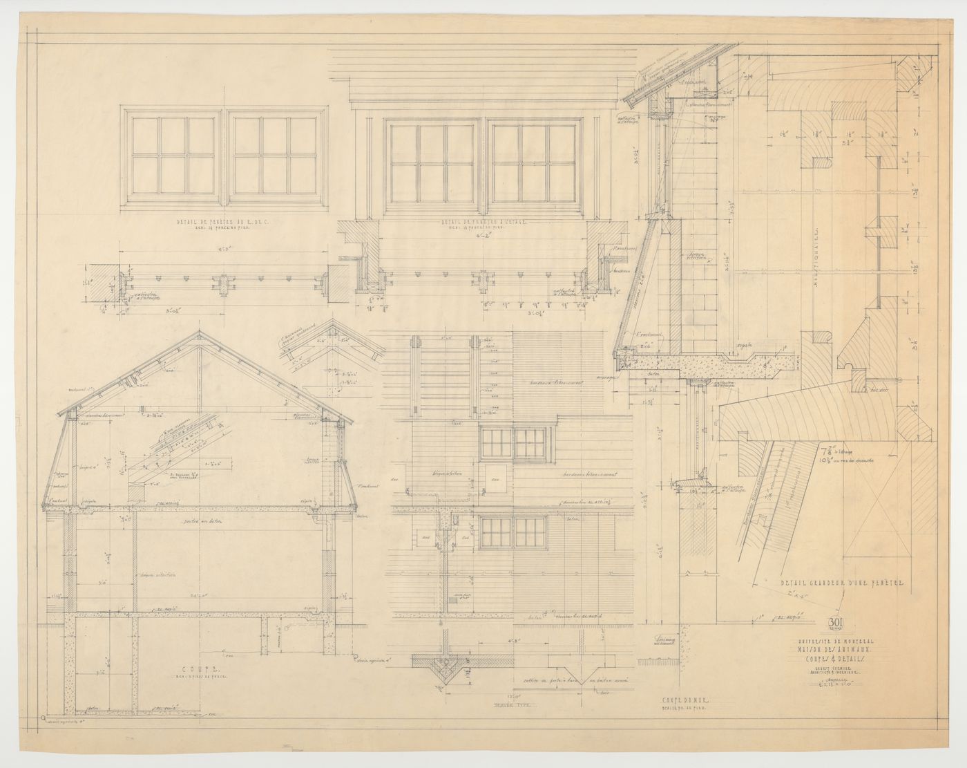 Coupes et détails, Maison des animaux, Université de Montréal, Montréal, Canada (1939-1948)