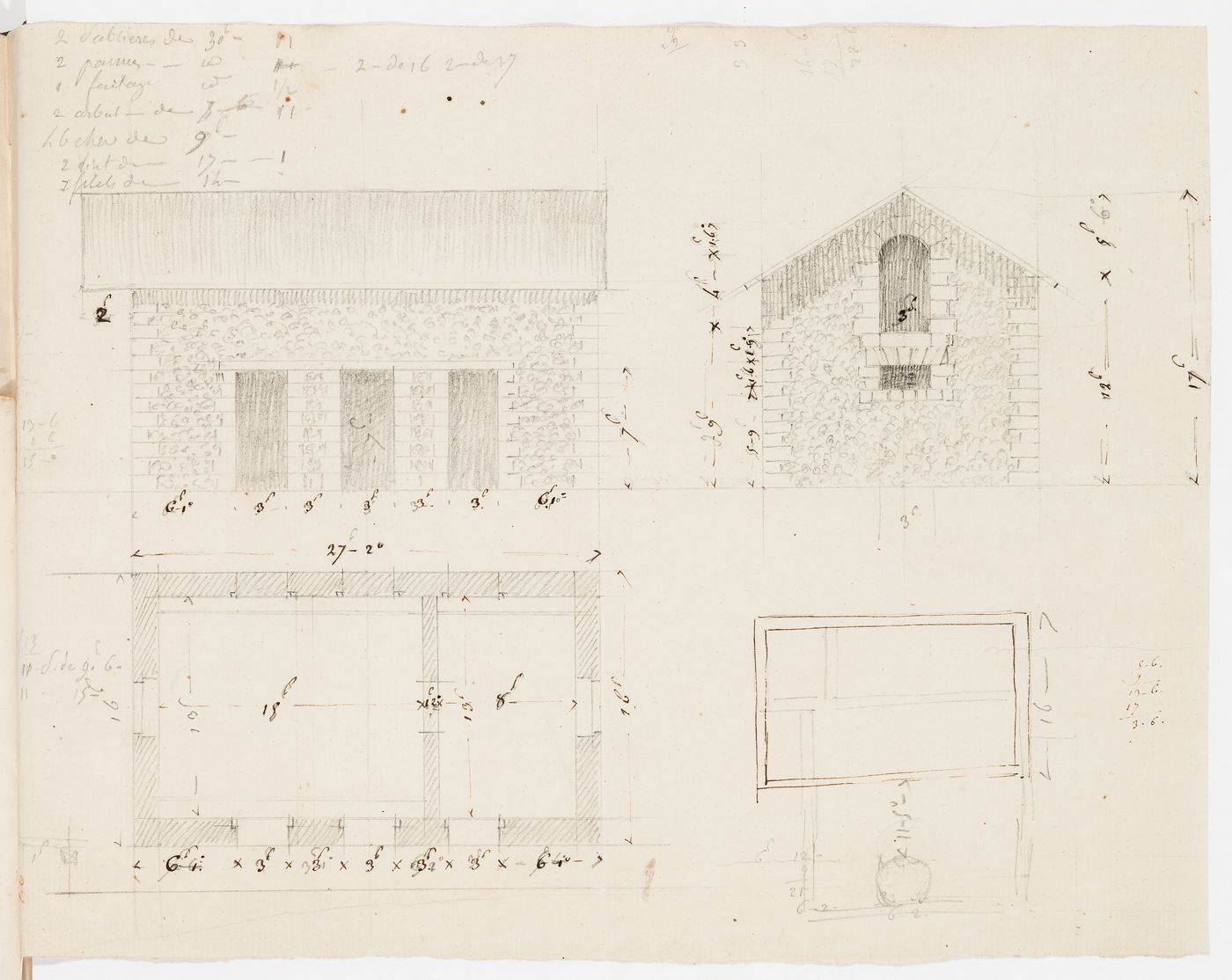 Elevations and plans, probably for a stable and cowshed for Domaine de La Vallée