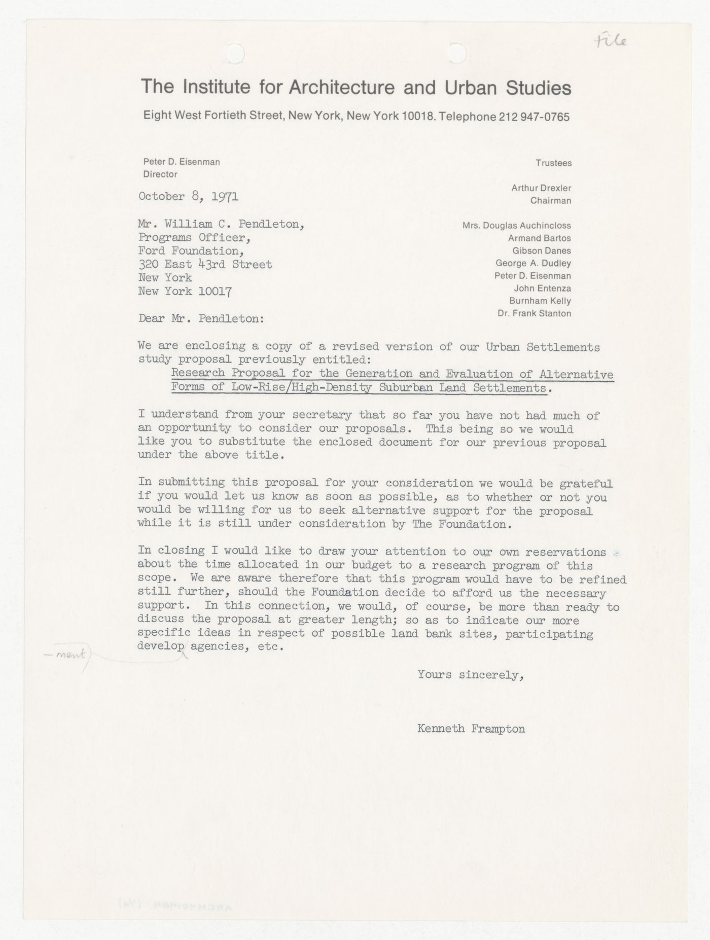 Letter from Kenneth Frampton to William C. Pendleton with attached Proposal for Research into Urban Community Service Facilities
