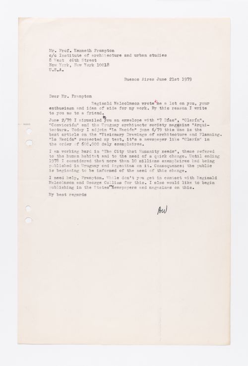 Correspondence, letter to Kenneth Frampton from Amancio Williams