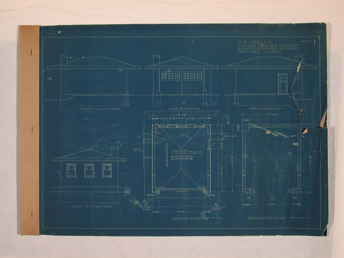 William B. Greene House, Aurora, Illinois: Elevations, ground plan and foundation plan for the garage