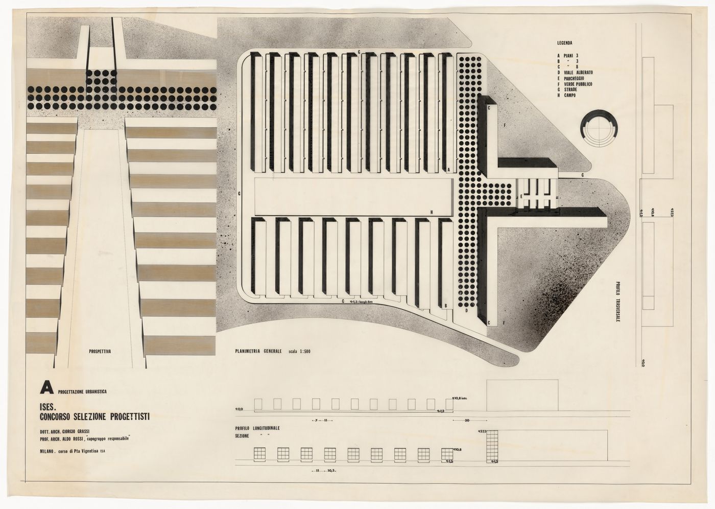 Perspective, plan and section for Quartiere residenziale a Napoli, Naples, Italy