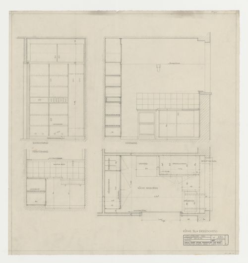 Ground floor plan and elevations for a kitchen for a housing unit for Block IX, Hellerhof Housing Estate, Frankfurt am Main, Germany