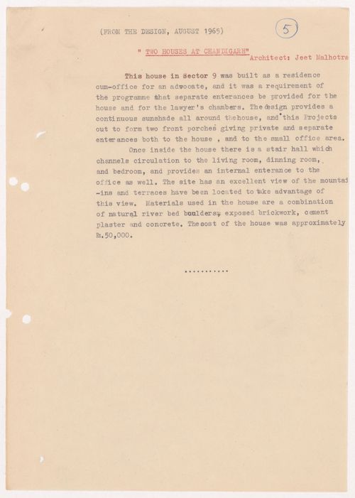 Text entitled “Two houses at Chandigarh”