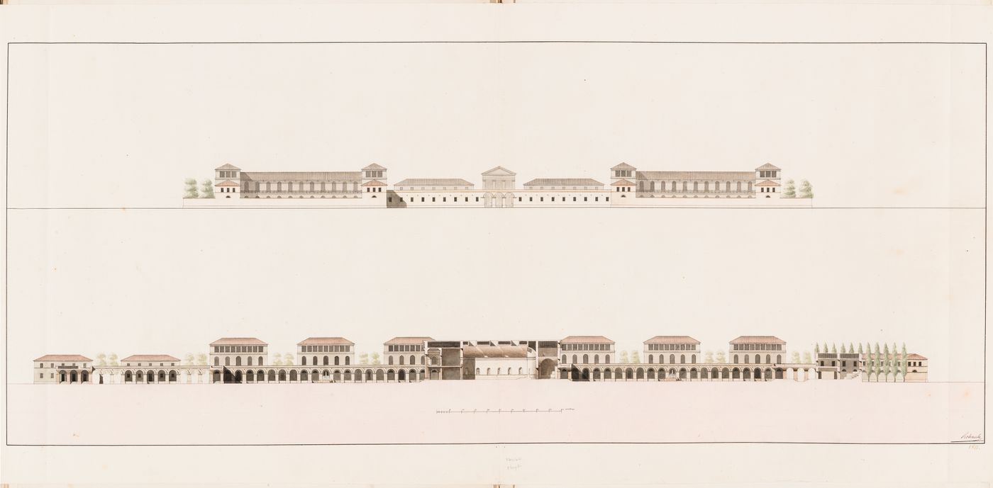 Ideal hospital for 1000 to 1200 patients, Paris: Elevation and sectional elevation