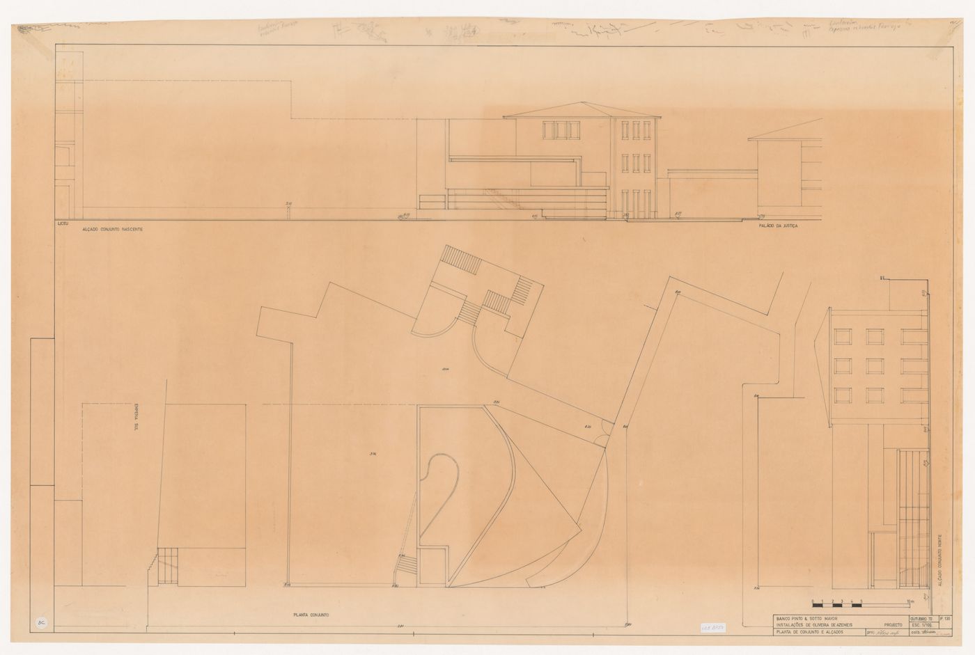 Plan and elevations for Banco Pinto & Sotto Mayor [Pinto & Sotto Mayor bank], Oliveira de Azeméis, Portugal