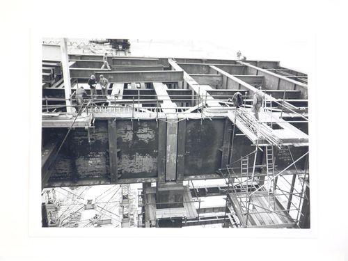 View of construction of steel structure for power station, United Kingdom