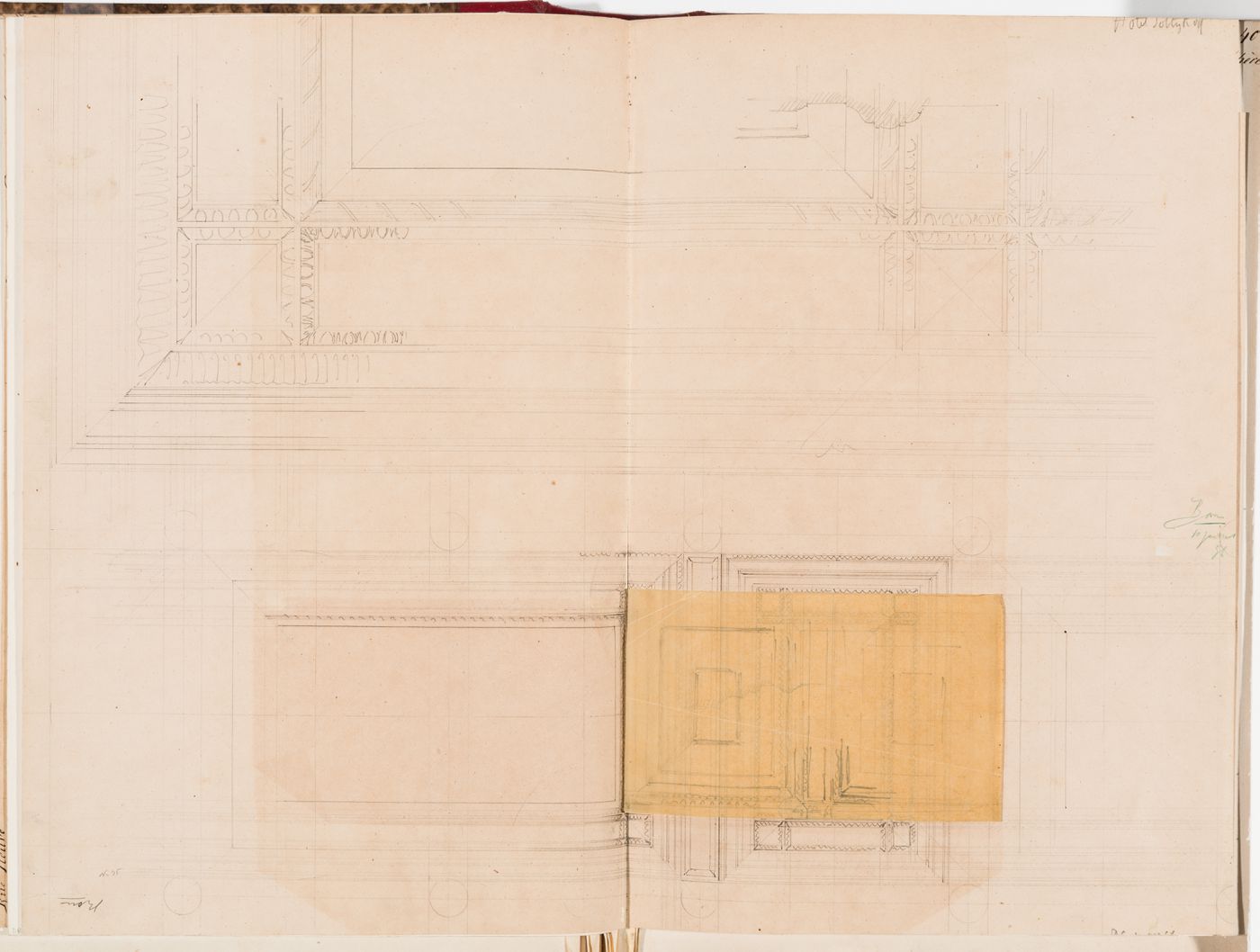 Reflected ceiling plan and detail for the ceiling panels for the porte cochere with an unattached tracing, Hôtel Soltykoff