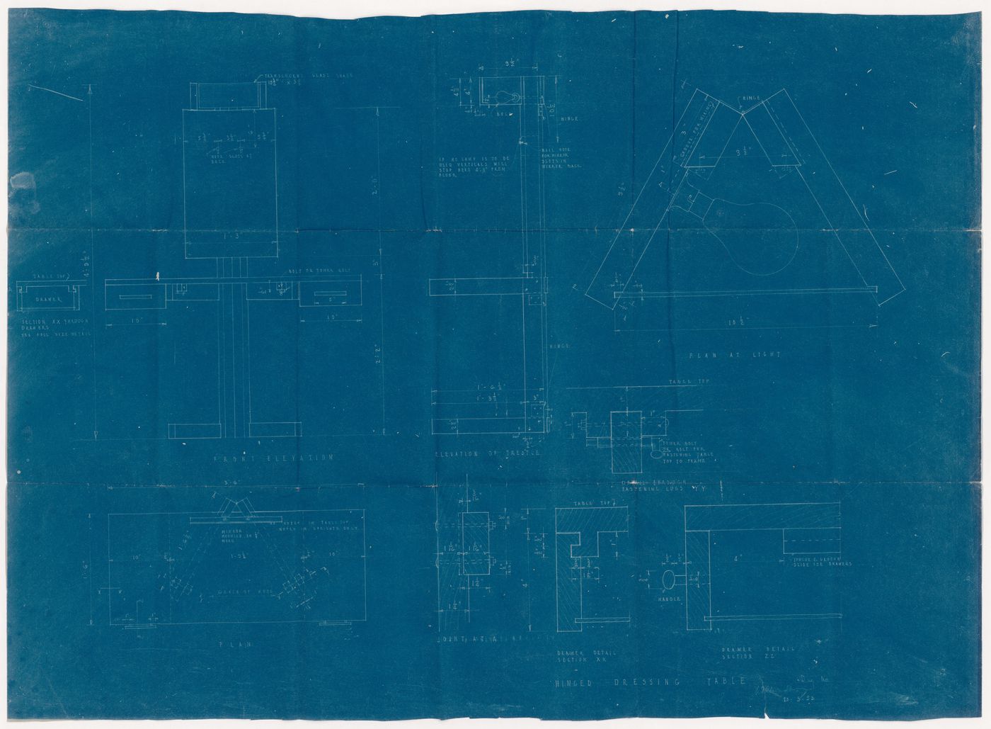 Plans, elevations, sections, and details for a hinged dressing table; verso: sketch