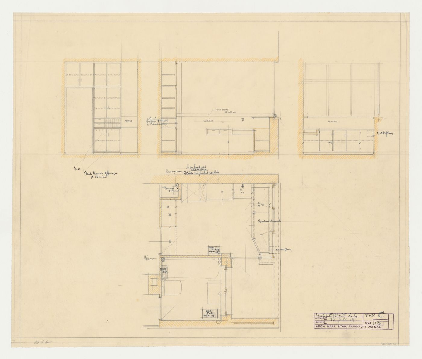 Plan and elevations for a type C kitchen, Hellerhof Housing Estate, Frankfurt am Main, Germany