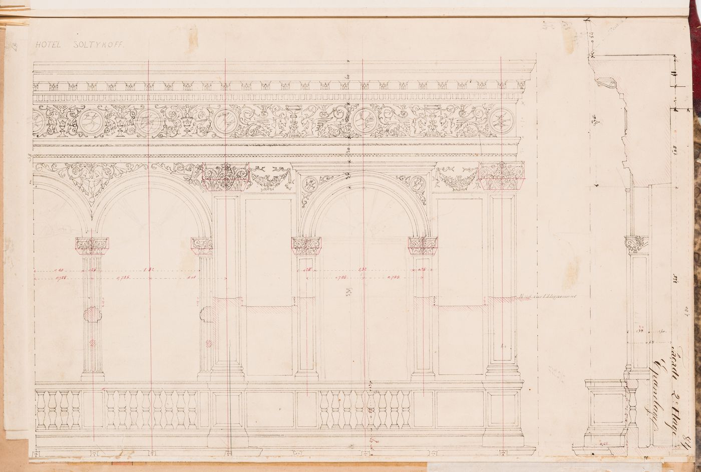 Partial elevation and wall section for the principal façade indicating the form of the rough cut stone, Hôtel Soltykoff