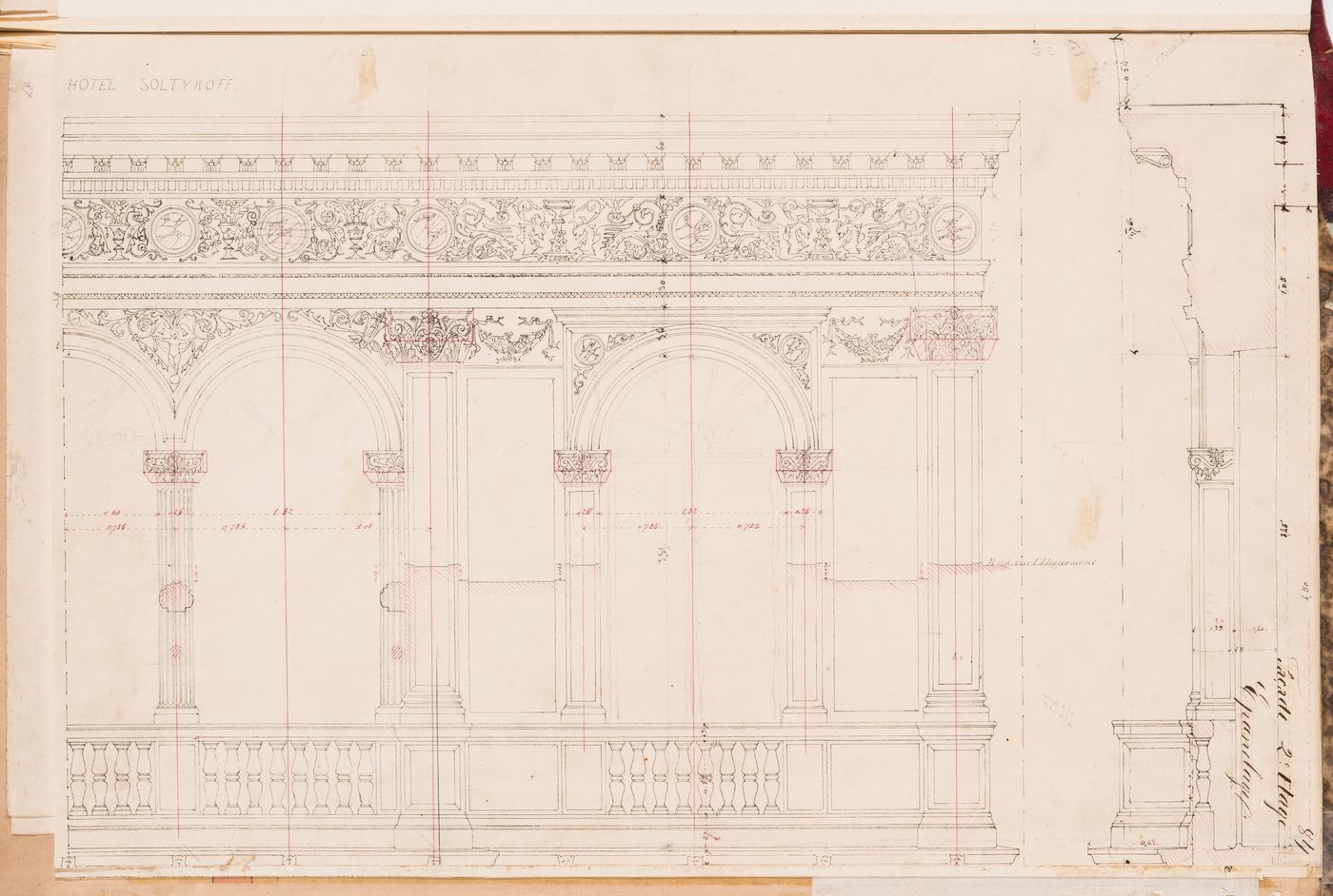 Partial elevation and wall section for the principal façade indicating the form of the rough cut stone, Hôtel Soltykoff