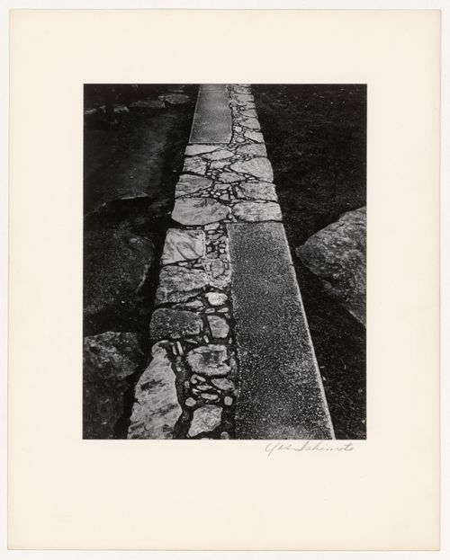 View of the stone path in front of the Outside Resting Place (also known as the Waiting Bench), Katsura Rikyu (also known as Katsura Imperial Villa), Kyoto, Japan