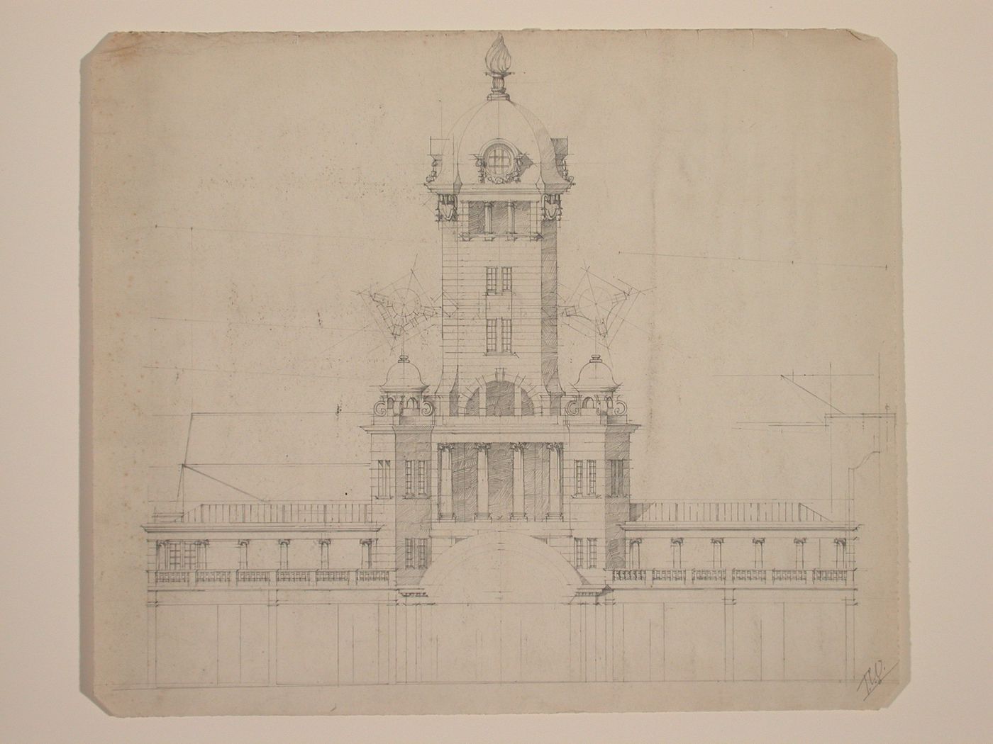 Elevation of a building with a tower