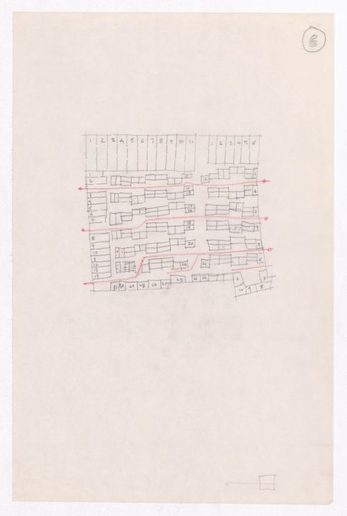 Sketch showing plots layout development for Minimum Cost Housing Group's plot in Aranya township, India, for Aranya Housing Project