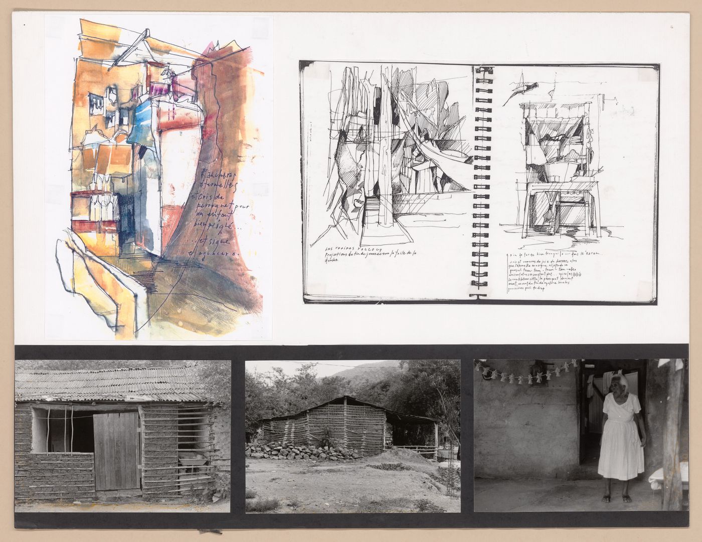 Presentation panel with painting of a street view, pages of a sketchbook, and photographs a house with its resident for the Urban Upgrading project in La Esperanza, Mexico