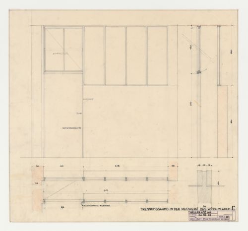 Elevation, plan, and sections for a partition wall in the meat section of a type E store, Hellerhof Housing Estate, Frankfurt am Main, Germany