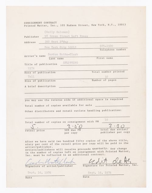Consignment contract for the publication "Splitting"
