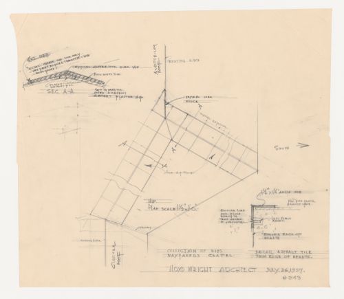 Wayfarers' Chapel, Palos Verdes, California: Plan and sections for correction of auditorium roof hips