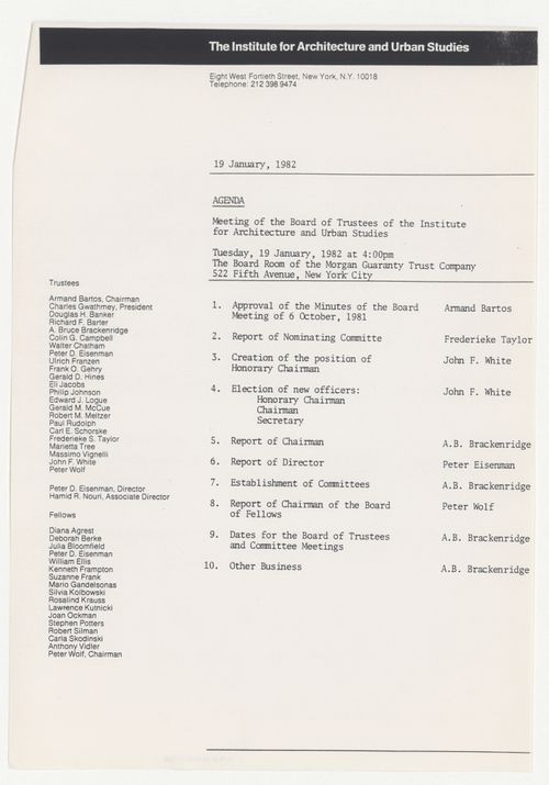 Agenda for meeting of the Board of Trustees