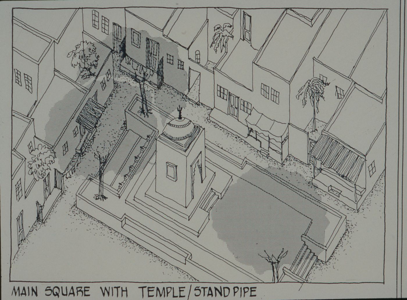 Axonometric view of main square with temple for the Aranya Housing Project, Indore, India